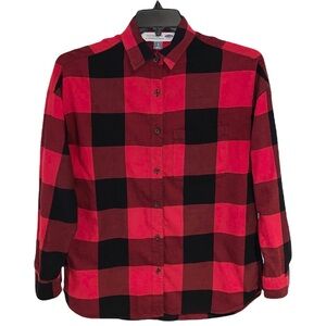 Old Navy Shirt Top Women’s Size S Black Red Plaid Button Front The Boyfriend